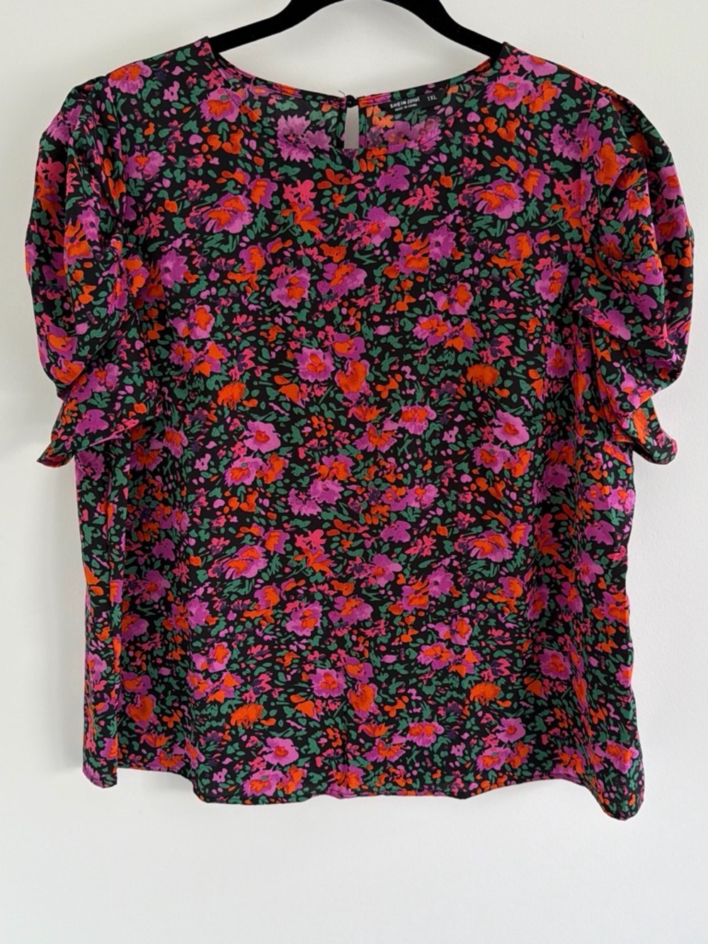 Floral Puff Sleeve Blouse Black Pink Orange 1XL Plus Size